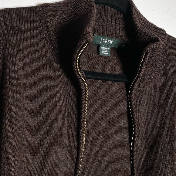 J. Crew Men's Dark Brown Full Zip Sweater 100% Merino Wool Leather Pull L - Picture 5 of 8
